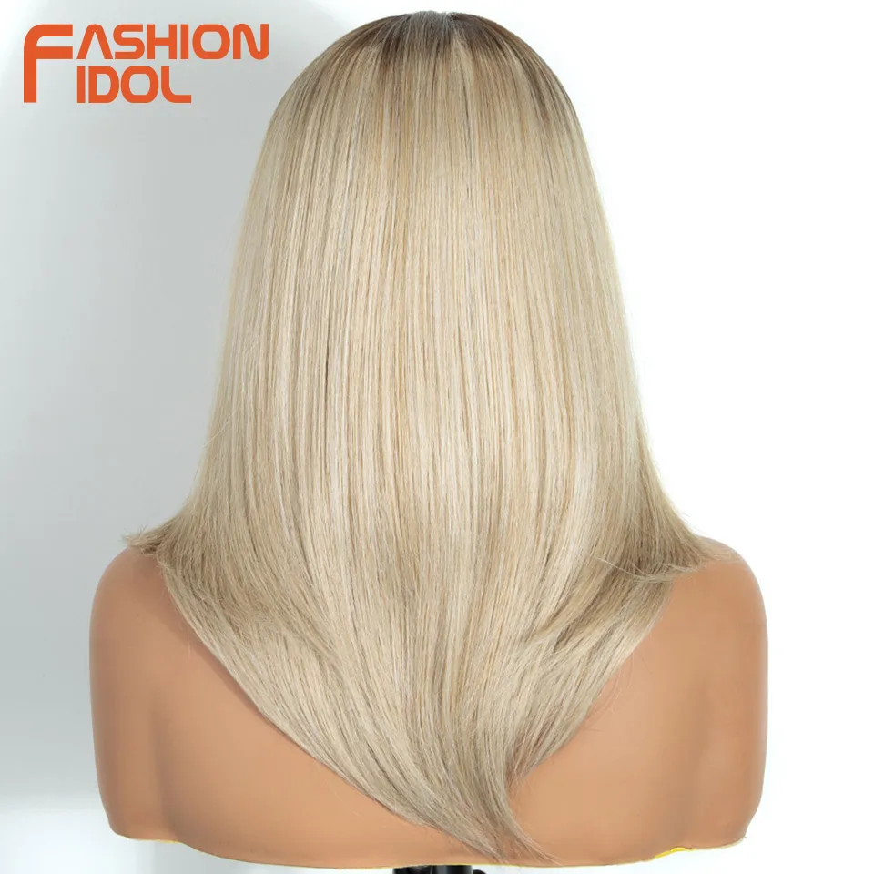 FASHION IDOL 6*4 Pre-plucked Lace Wigs Synthetic 18 Inch Bob Lace Front Wigs For Women Blonde Highlight Daily Use Cosplay Wigs
