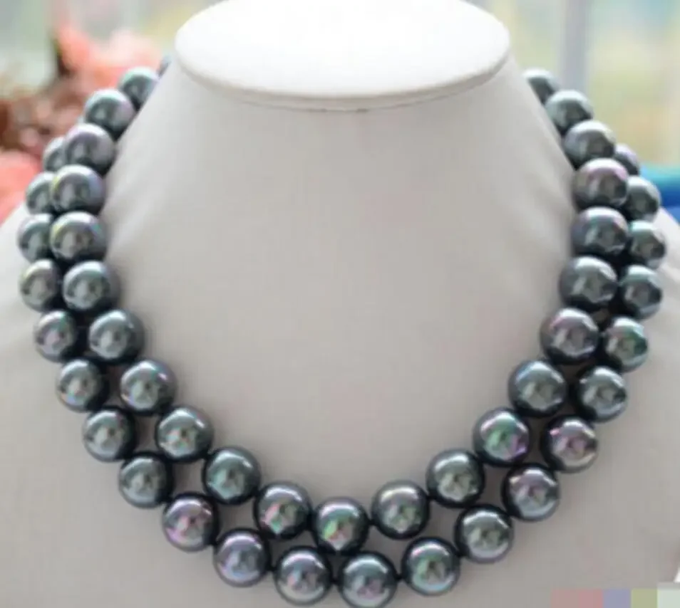 

Fashion jewelry 2ROW 12MM sheROUND PEACOCK BLACK SOUTH SEA SHELL PEARL NECKLACE Noble style Natural Fine jewe