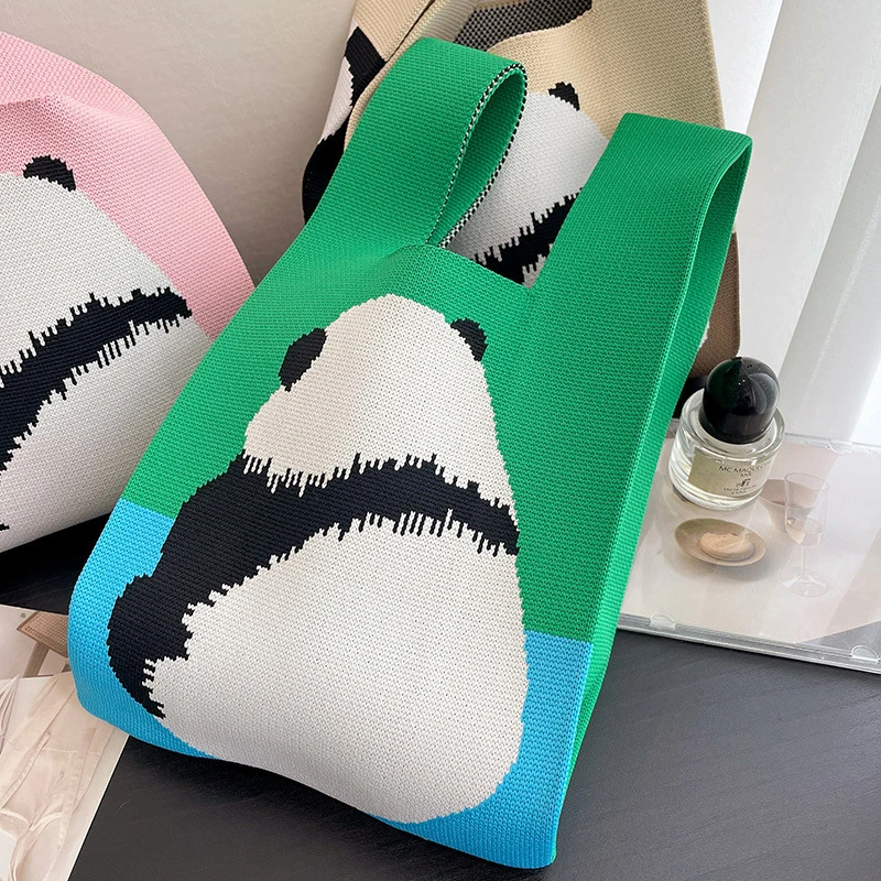 1Pcs Cute Panda Knitted Handbag Wrist Bag Elegant Animal Cartoon Mini Knot Bag Lunch Bag Large Capacity Knitted Handbag