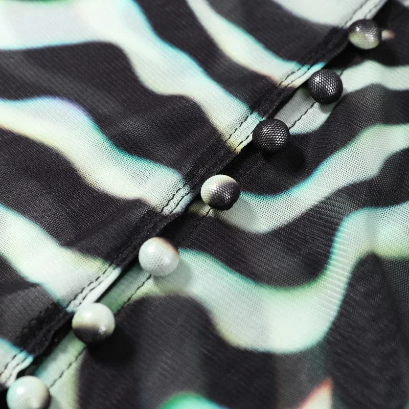 Sexy Zebra-Gestreiftes Langarm-Oberteil und Schlaghosen-Set für Damen, Schlanker V-Ausschnitt Einreihige Weste, 2-teilig, Sommer 2026 Strand-Urlaubsoutfit – Detail 5