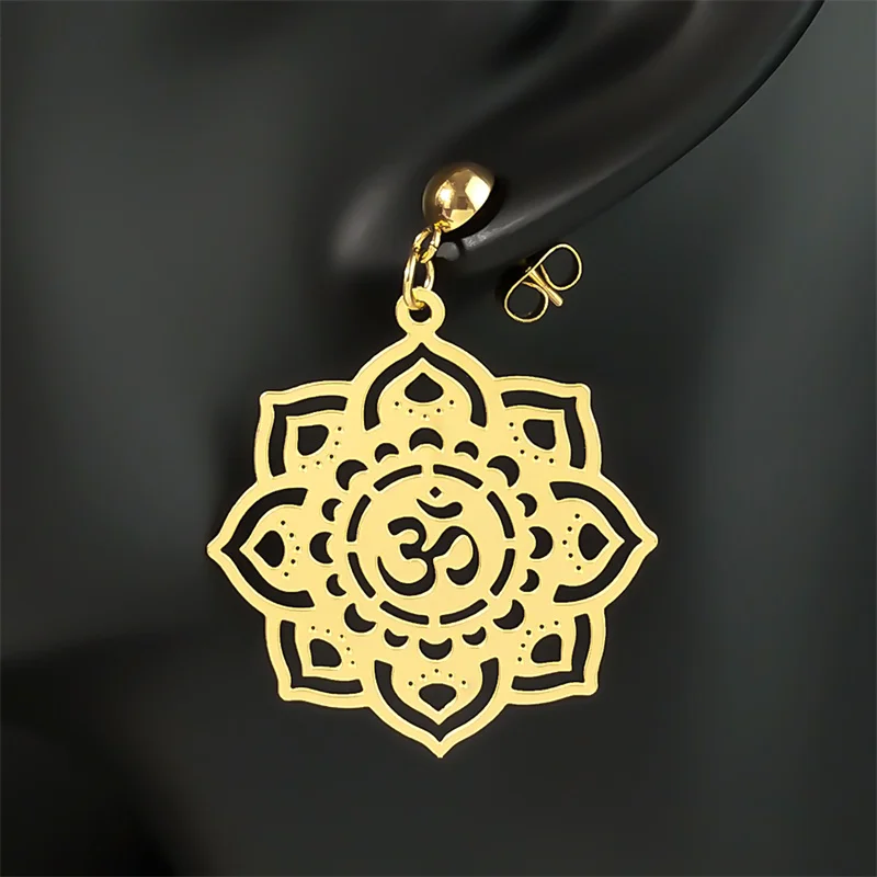 Aum OM Flower Buddha Lotus Hollow Dangle Earring for Women Stainless Steel Gold Plated Plant Stud Earrings Jewelry Gift E9113S04