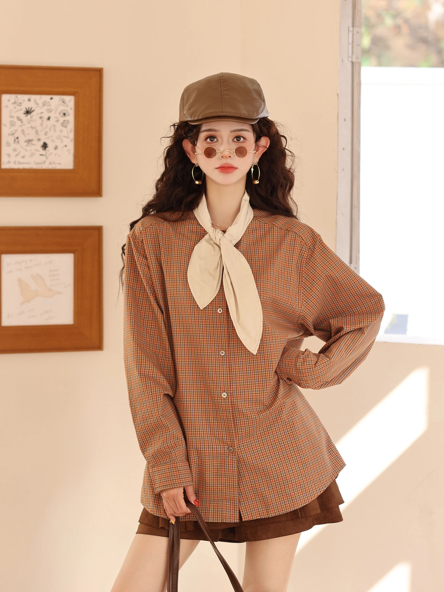 

Chen Jiajie Peony Residue Long Sleeve Plaid Shirt Women's Style 2026 New Versatile Cotton Polyester Blend Slimming Spring Top