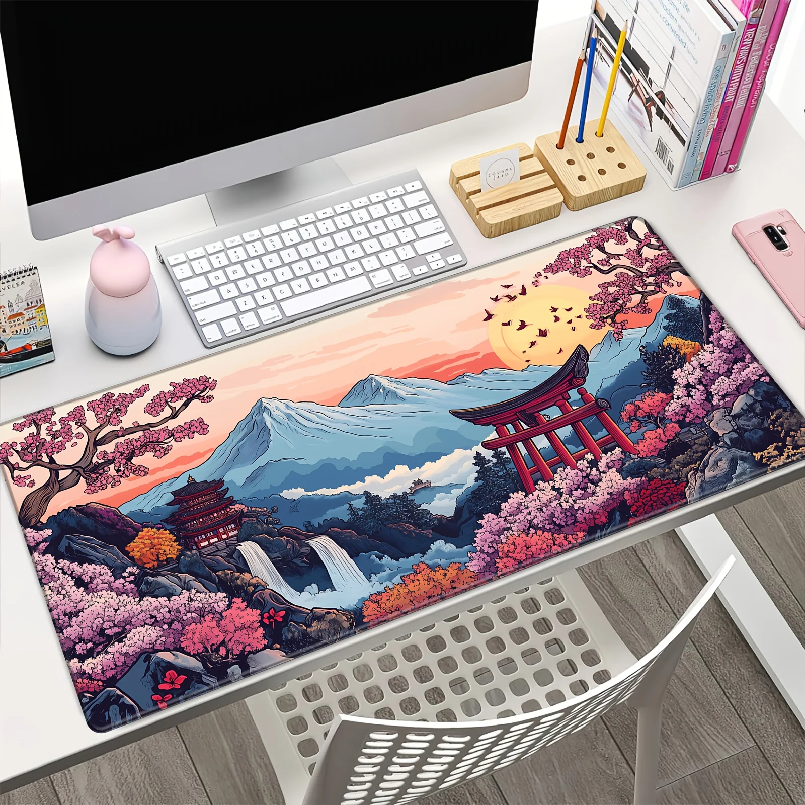 وسادات ماوس أنيمي فورست، تصميم زهر الكرز والمناظر الطبيعية الجبلية، لوحة ماوس على طراز الرسوم المتحركة، مثالية للاستخدام المكتبي للألعاب #1