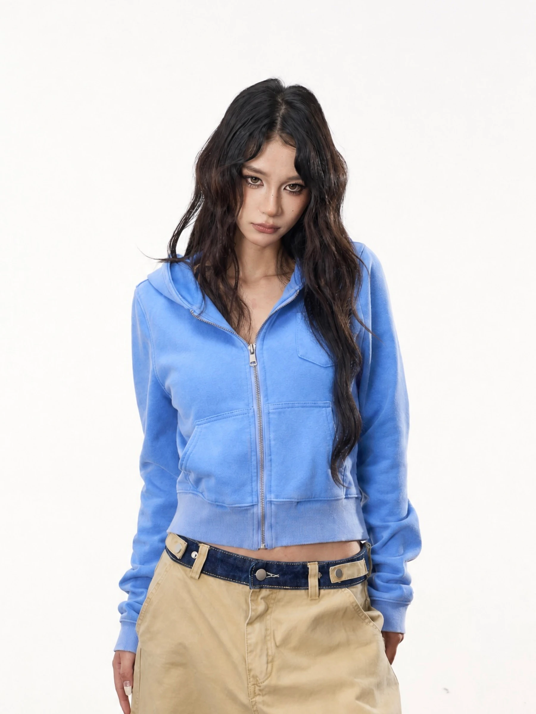 Retro American Washed Short Cardigan Sweatshirt Women's Spicy Girl High Waist Slimming Hooded Zipper Jacket Top