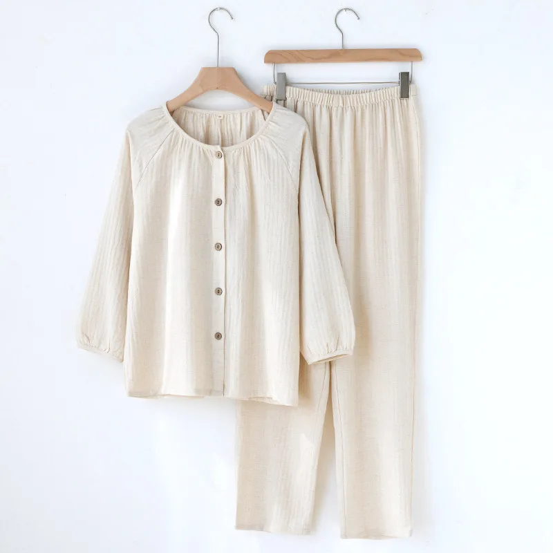 Breathable Cotton Linen Pajama Set Women Long Sleeve Round Neck Plain Sleepwear Loose Comfy HomeWear Natural Fabric Eco-Friendly