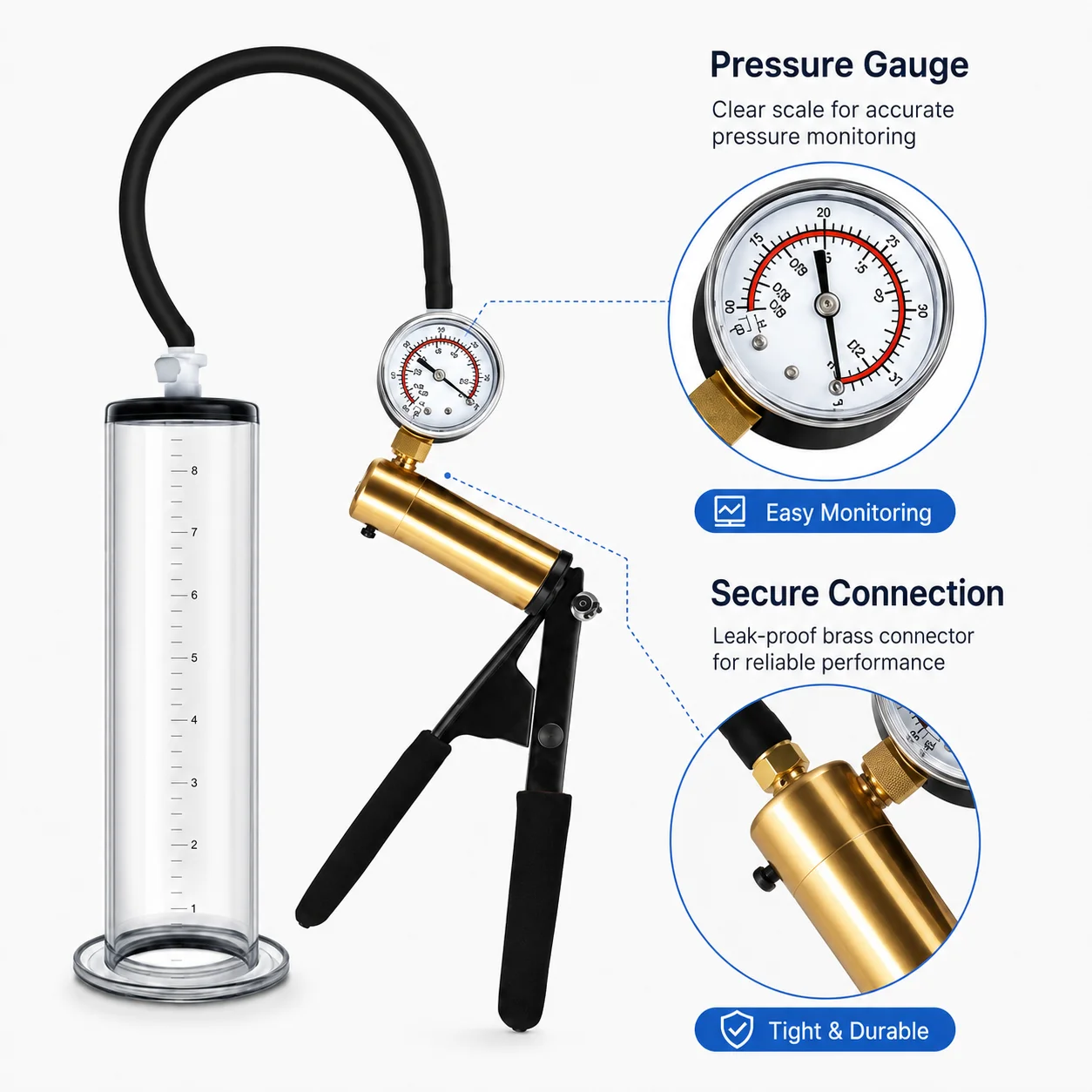 Men Manual Vacuum Pump Trainer Kit with Clear Acrylic Cylinder, Black Hose, Metal Pressure Gauge and Hand Suction Control view 5