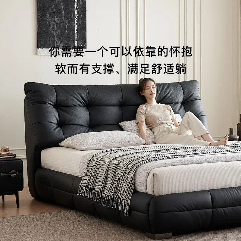 Italian minimalist floor hemming cloud bed black minimalist premium master bedroom queen bed down backrest double leather bed