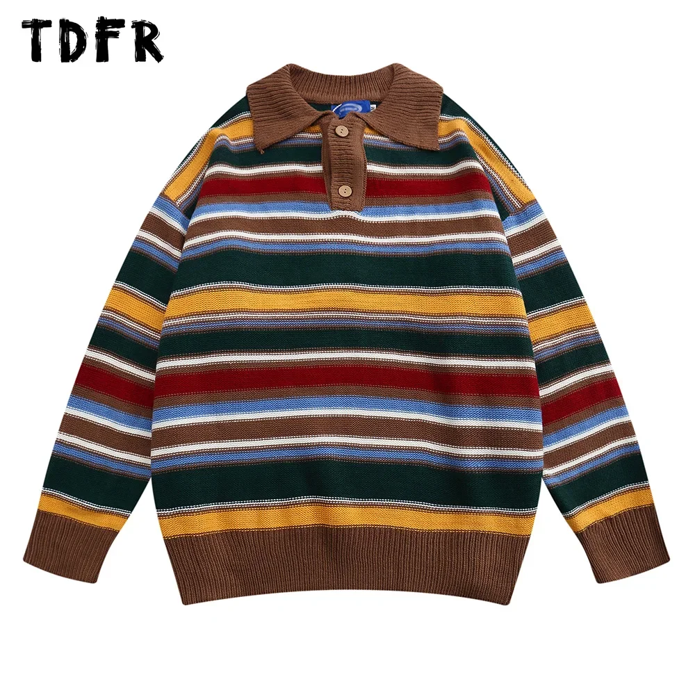 Contrast Horizontal Striped Sweater Mens Autumn Winter Retro Casual Loose Lapel Long Sleeve Knitted Pullover Men