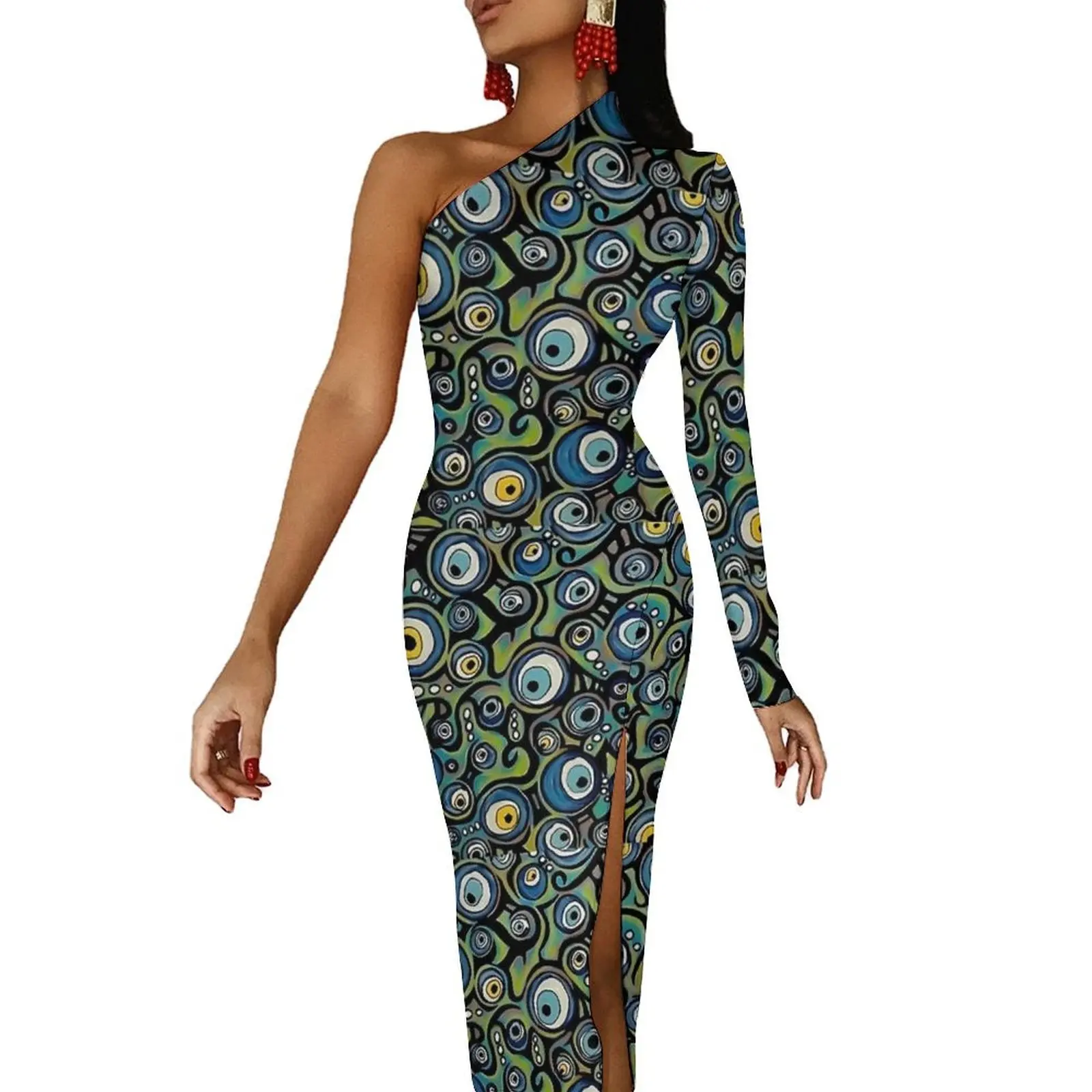 

Abstract Evil Eye Bodycon Dress Autumn Vintage Print Night Club Side Split Long Dresses One Shoulder Graphic Street Style Dress