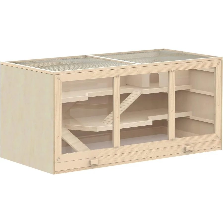 Jaula para hámster de madera Extra grande de 45 ", jaula para ratas a prueba de masticar de 3 capas con rampas de cabaña de techo de apertura para hámsteres enanos y jerbos