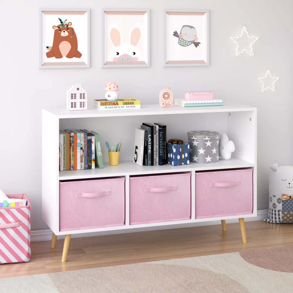 Kinder-Bücherregal mit zusammenklappbaren Stoffschubladen, Kinderbuch-Display, Spielzeug-Aufbewahrungsschrank, Organizer, Weiß/Rosa