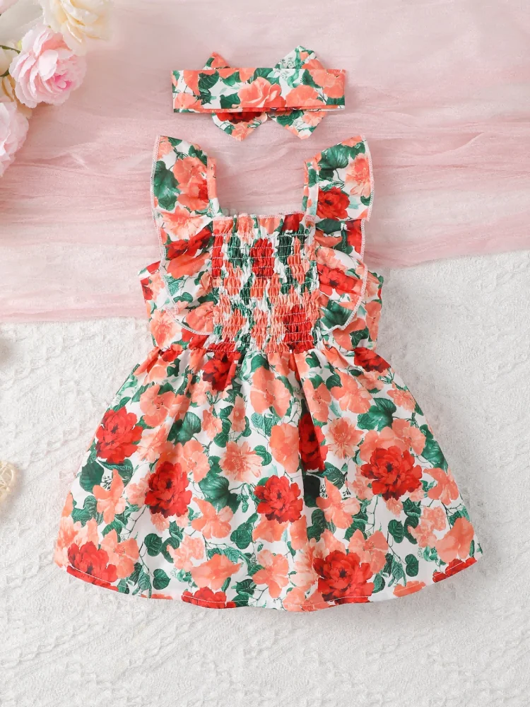 0-2 Year Old Baby Girl Summer Fashion Print Wrap Up Dress With Headwear