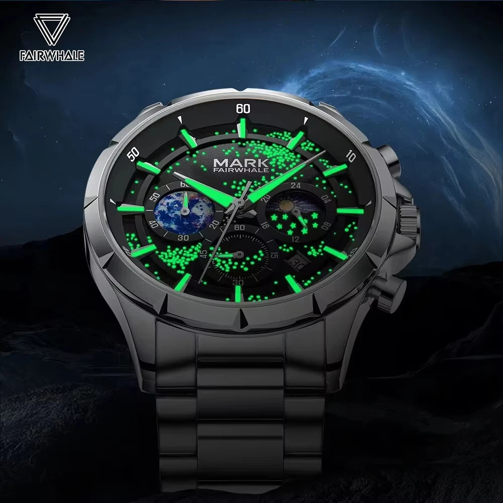 Mark Fairwhale Luxury Phase Moon Quartz Watch For Men  Date Stainless Steel Clock Fashion Waterproof Chronograph Wristwatches