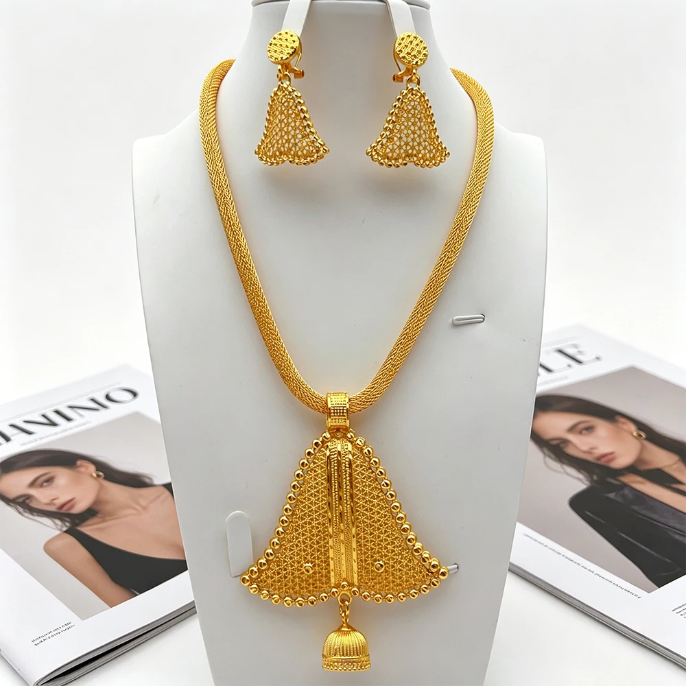 

Dubai Mesh Necklace Earrings Bell Filigree Design 24K Gold Plated Triangle Pendant Jewelry Set For Women Jewelry Wedding Party