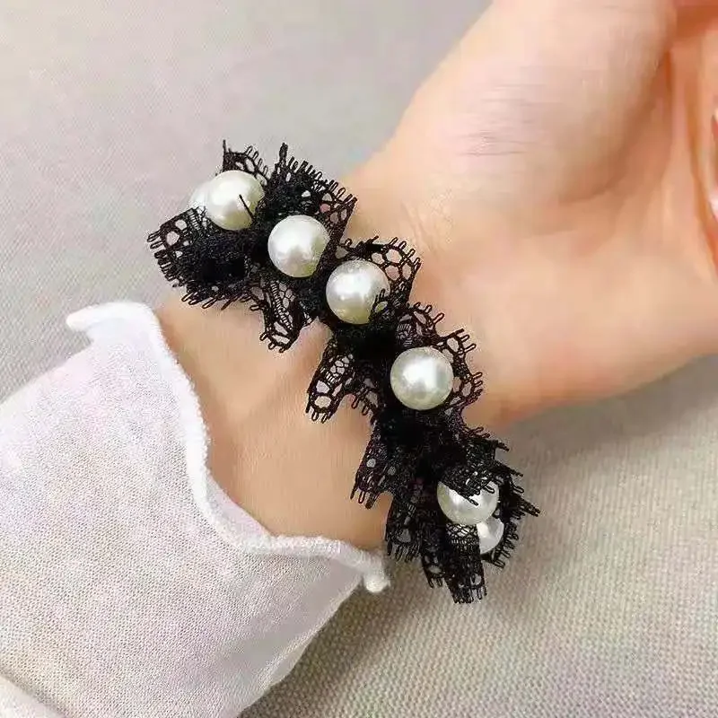 5pcs/10pcs Fashion Pearl Seamless Black Bow Lace Elastic Hair Bands Rope Ties Simple Adult Hair Accessories for Girls