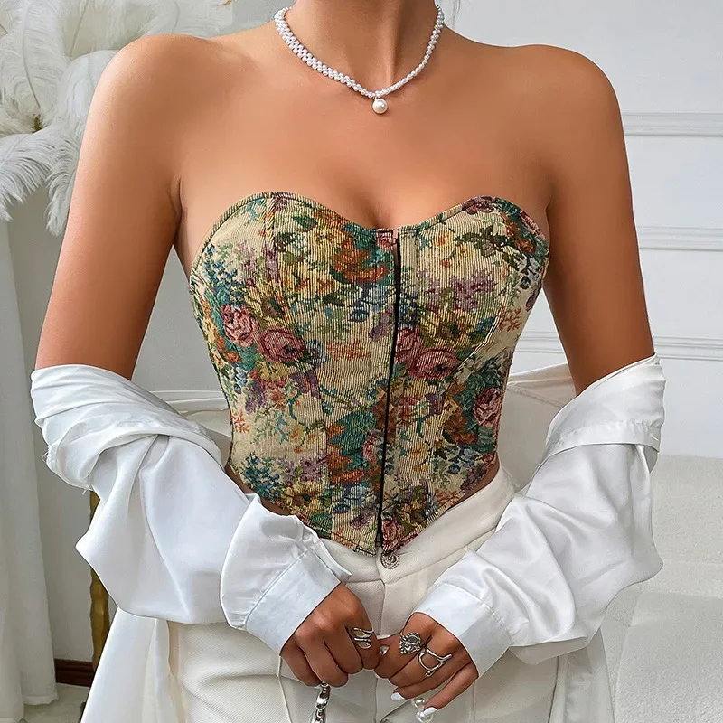 Vintage Floral Jacquard Bustier Corset Sexy Low Cut Strapless Crop Top Woman Retro European Style Clothes Trends Sleeveless Top