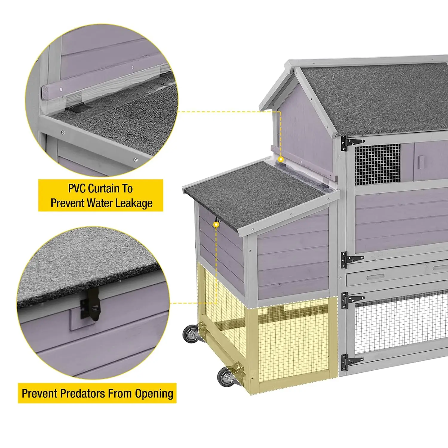 Wooden Chicken Coop Outdoor Hen House with Wheels UV Panel Nest Box Expandable Poultry Cage, Customized