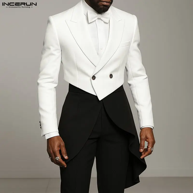 INCERUN Men Irregular Blazer Solid Color Lapel Long Sleeve Casual Crop Blazer Men Streetwear Button Fashion Male Suit Thin Coats