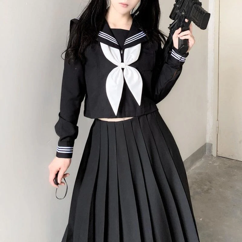 Japanese School Uniforms Style Student Girls Navy Costume Women Sexy Black JK Long Dress Suit Sailor Blouse Pleated Skirt Set