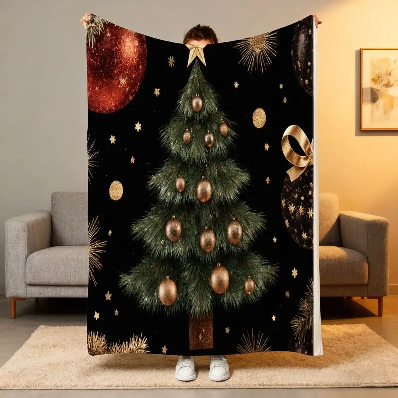 

Top Pick Luxury Christmas Flannel Blanket - Black Golden Tree Print All-Season Sofa Bed Holiday Decor Throw