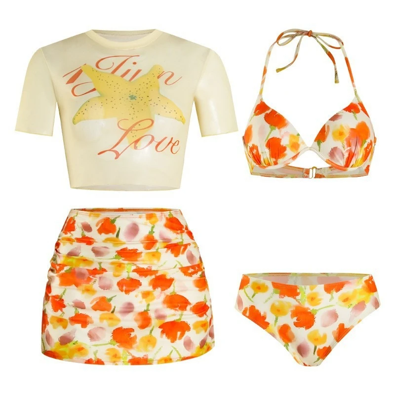 Korean Y2K Swimsuit Women Sexy Brazilian Bikini Set with Mesh Cover Ups and Mini Skirt 4pcs Swimwear Beach Holiday Bathing Suit