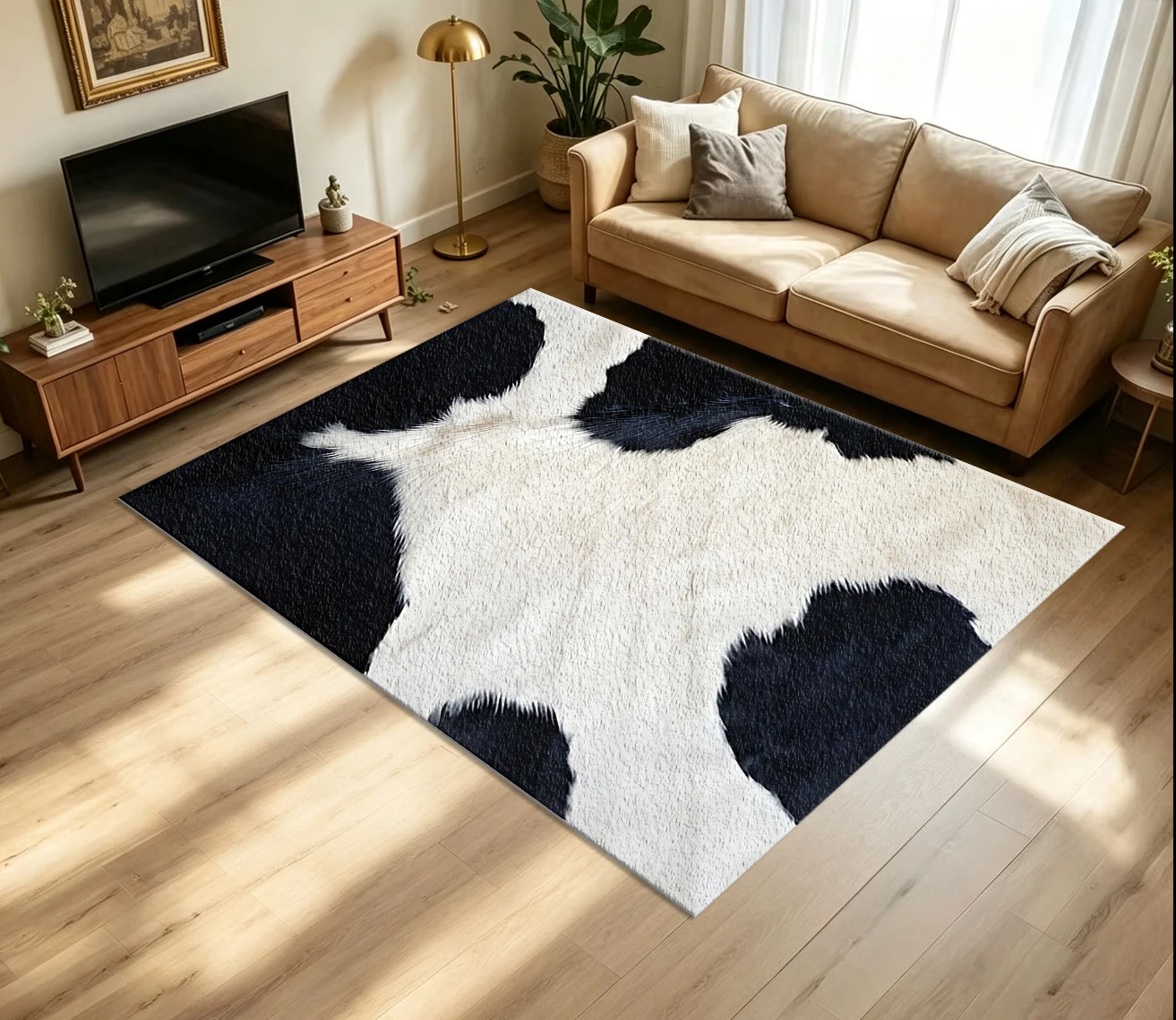 Cowhide Rug Faux - พรมปูพื้นลายหนังวัวสีดำขาว ลายวัวเทียม กันลื่น ซักได้ เหมาะสำหรับตกแต่งบ้านสไตล์คันทรีตะวันตก