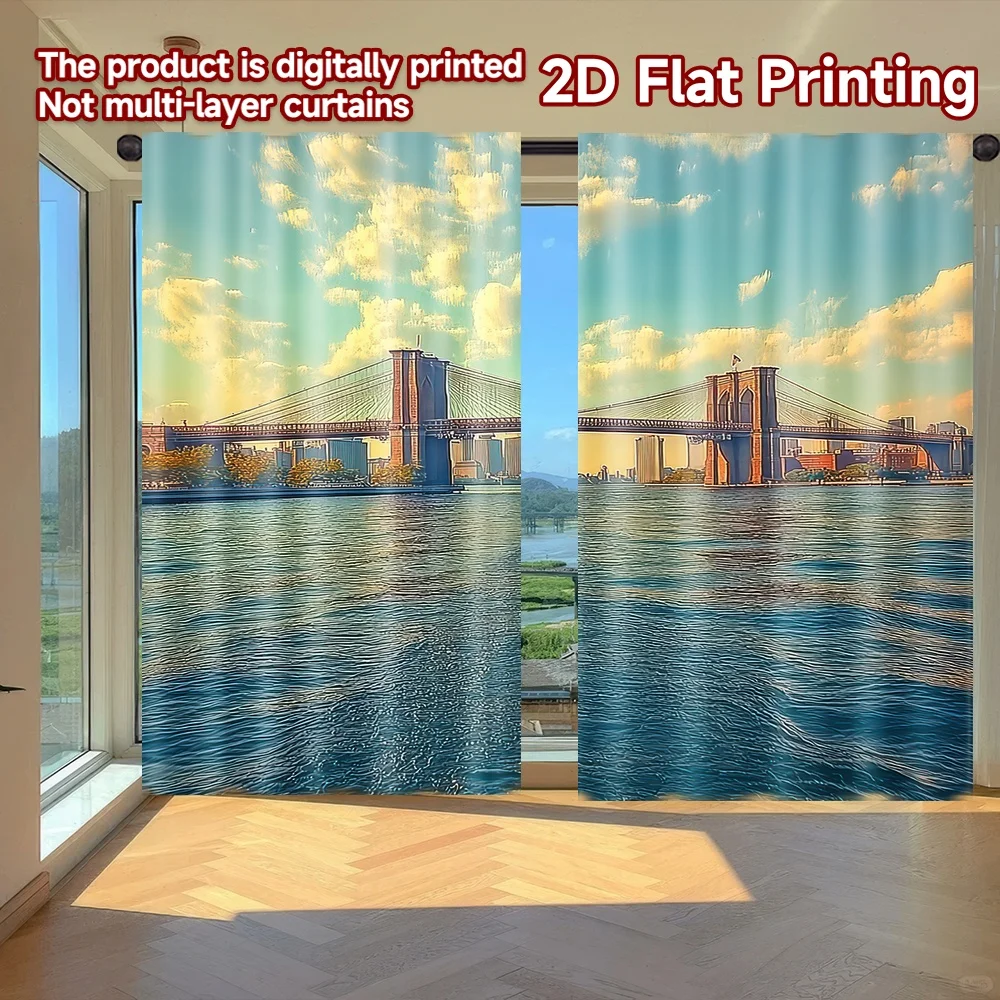 

2D flat printing 2pcs Party Curtains Sunny Cityscape with Bridge Digital Printed Polyester Drapes Birthday Party Use for Holiday