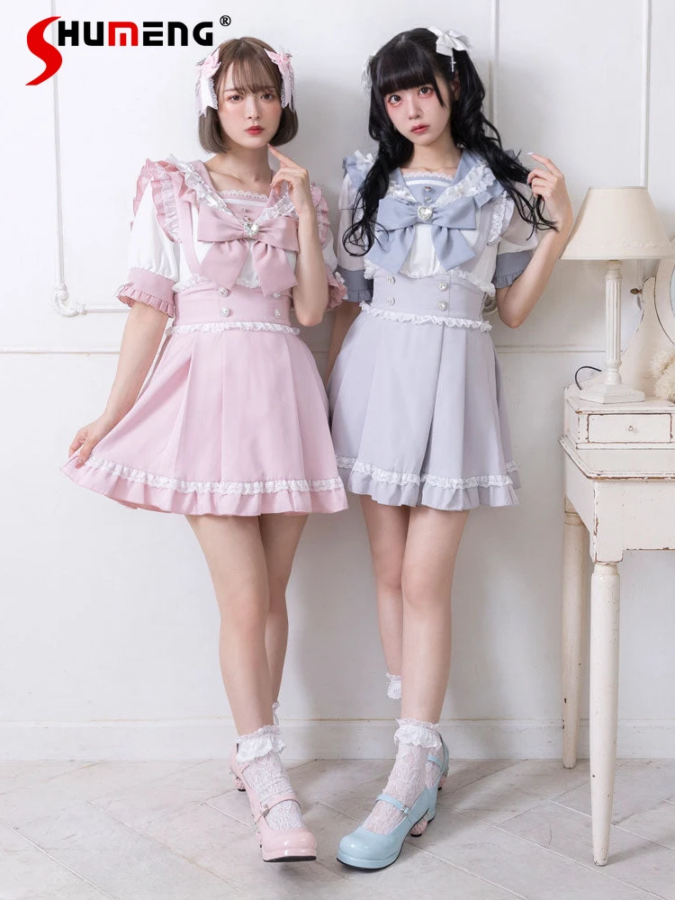 

Japanese Preppy Style Love Diamond Bow Lace Stitching Sailor Collar Short Sleeve Lolita Sweet Cute All-Match Shirt Blouse Women