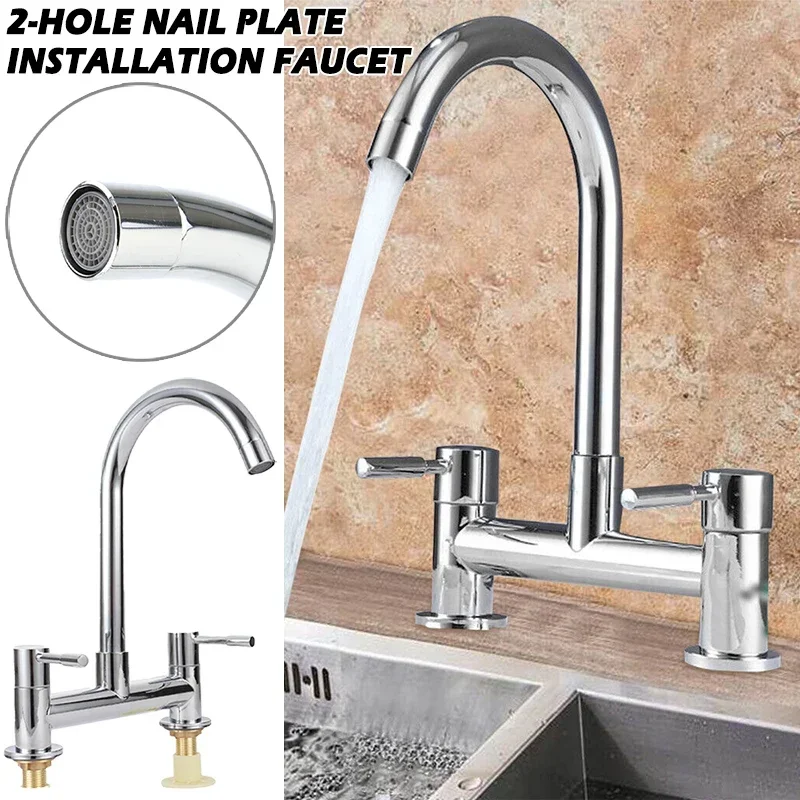 Modern Double Lever Chrome Kitchen Sink Hot and Cold Mixing Faucet 2-hole Deck Installation Faucet Kitchen Supplies