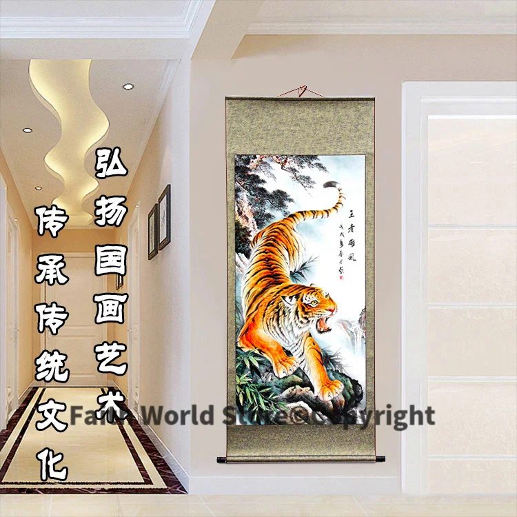 2pcs # TOP business gift # Home office WALL Decorative art - Money Drawing GOOD Luck Mascot Tiger ART FENG SHUI silk painting