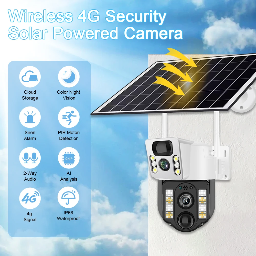 Caméra de surveillance extérieure solaire, cctv sans fil, carte SIM 4G, Wi-Fi, 62 pièces