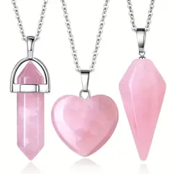 3pcs Rose Quartz Necklaces Pendants Set For Spiritual Energy Witchcraft Reiki, Holiday Gift, Birthday Gift