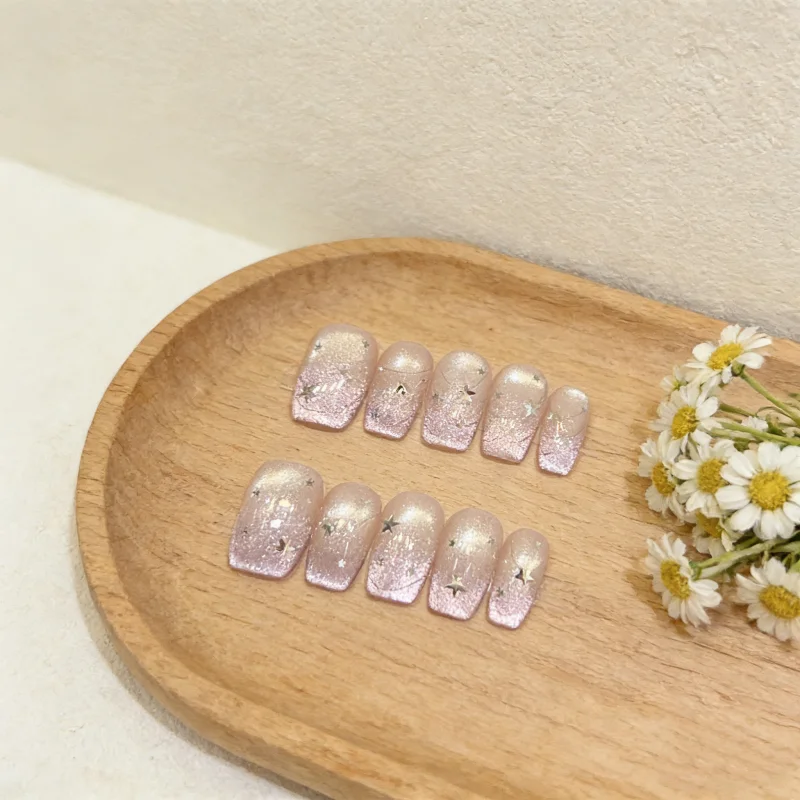 

10Pcs Handmade Purple Cat Eye French Manicure Nail Tips with Heart Design and Press-On Application Perfect Gifting for Women