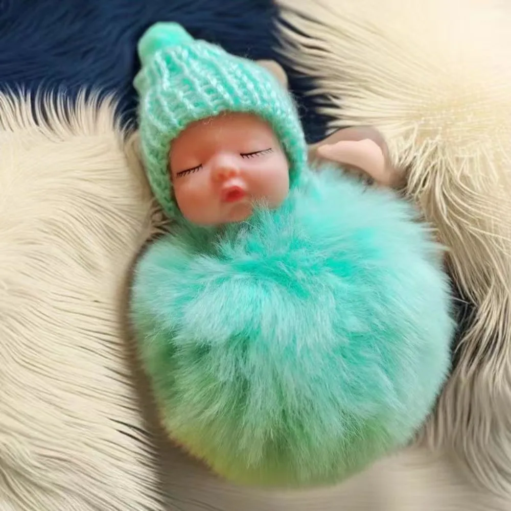 Niedlicher Pompom schlafender Baby-Schlüsselanhänger, Fellknäuel, flauschige Plüschpuppe, Schlüsselanhänger, Geschenktüte, Anhänger für Frauen und Mädchen
