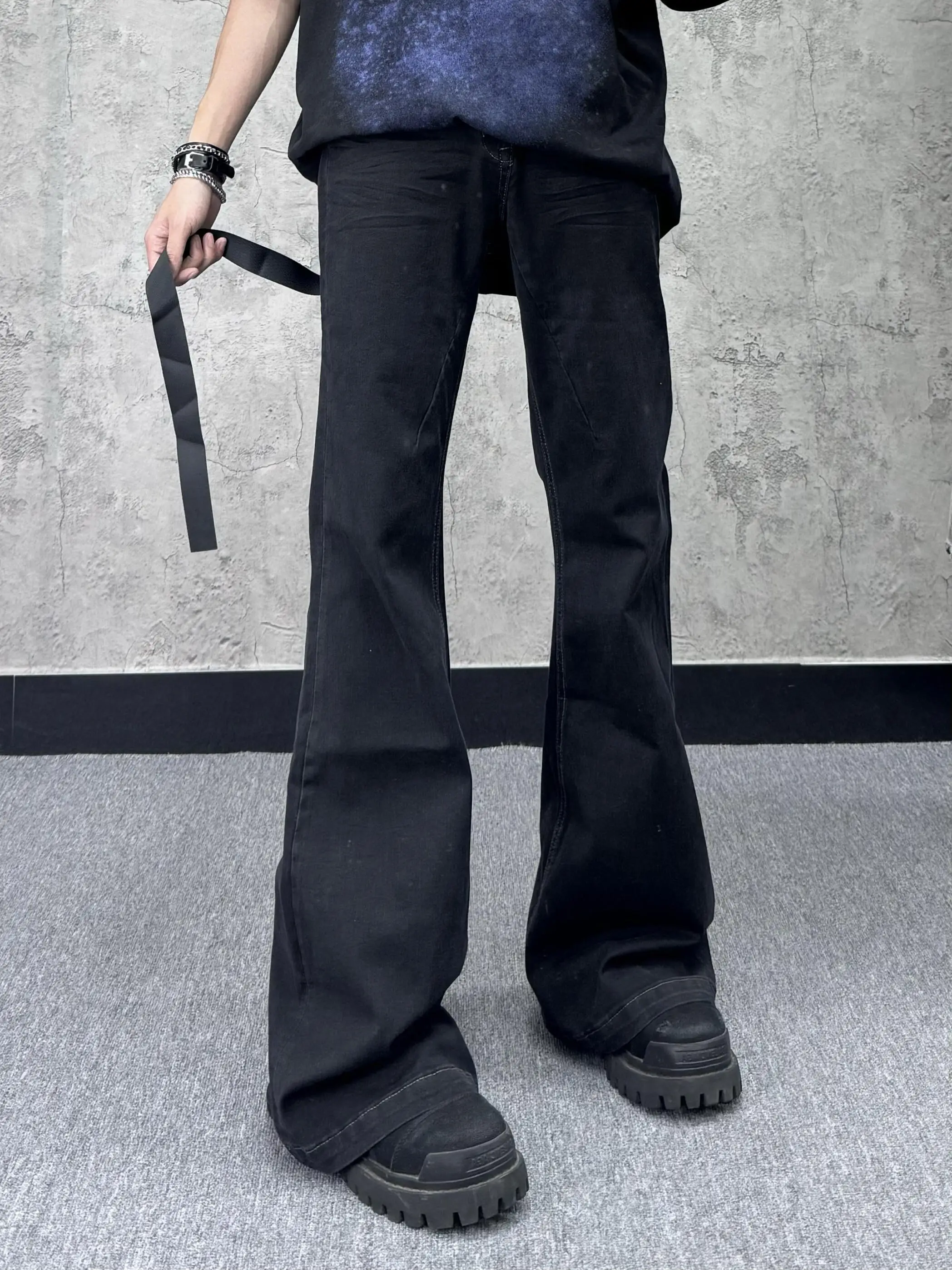 

American Retro Elastic Sash Flared Jeans Men High Street Vintage Loose Floor-Length Drapey Long Trousers Trendy Straight Leg ...