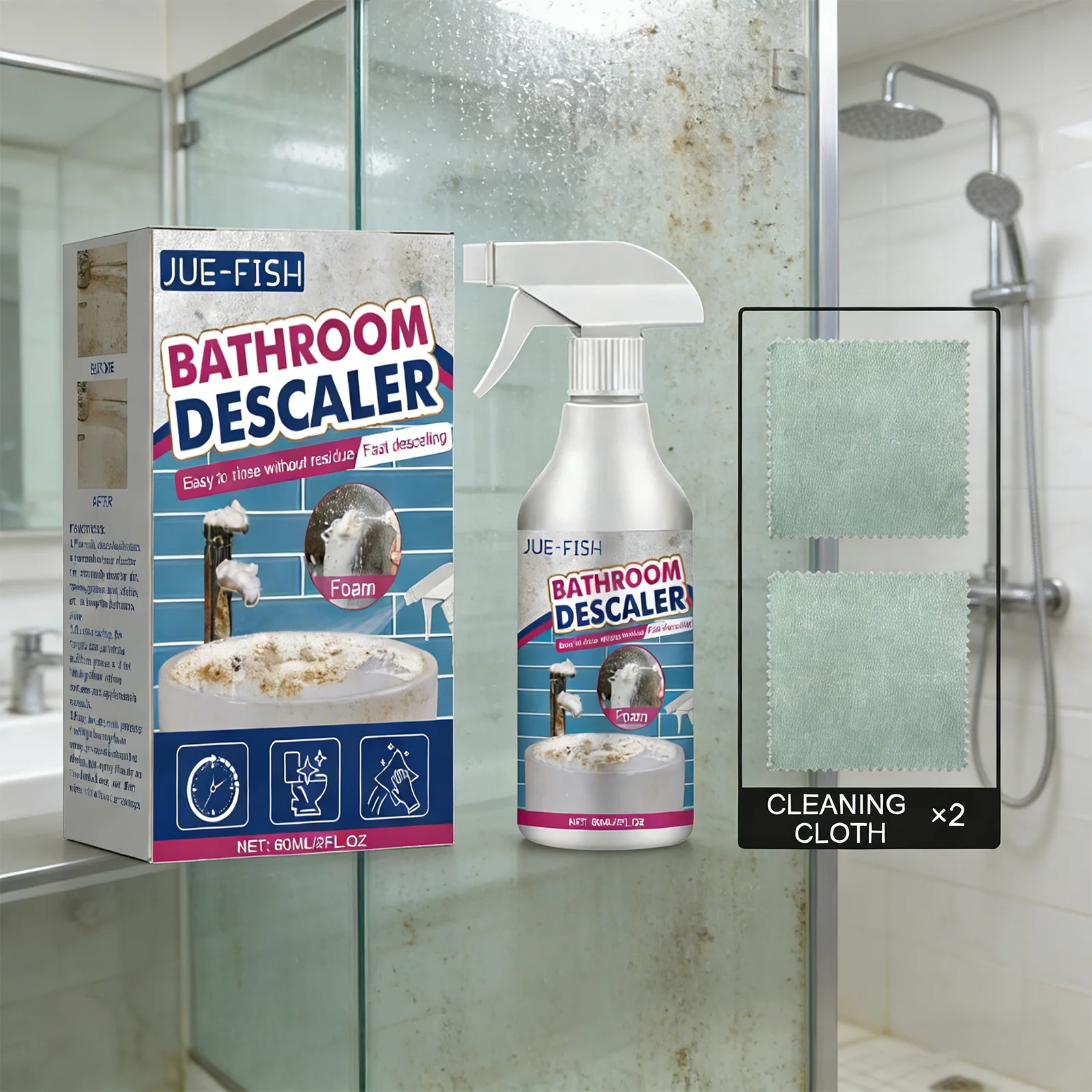 Bathroom Cleaner Spray Shower Glass Cleaner Foam Cleaner Limescale Remover Bathtub Sink Stain Remover Deep Cleaning 60ml