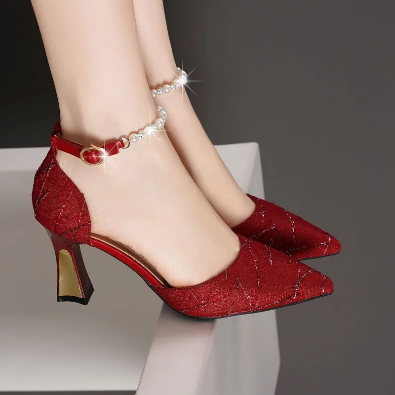 Women\'s High Heels Fall New Baotou Shallow Mouth Empty Rhinestone Beaded Line with Fashion Single Shoes