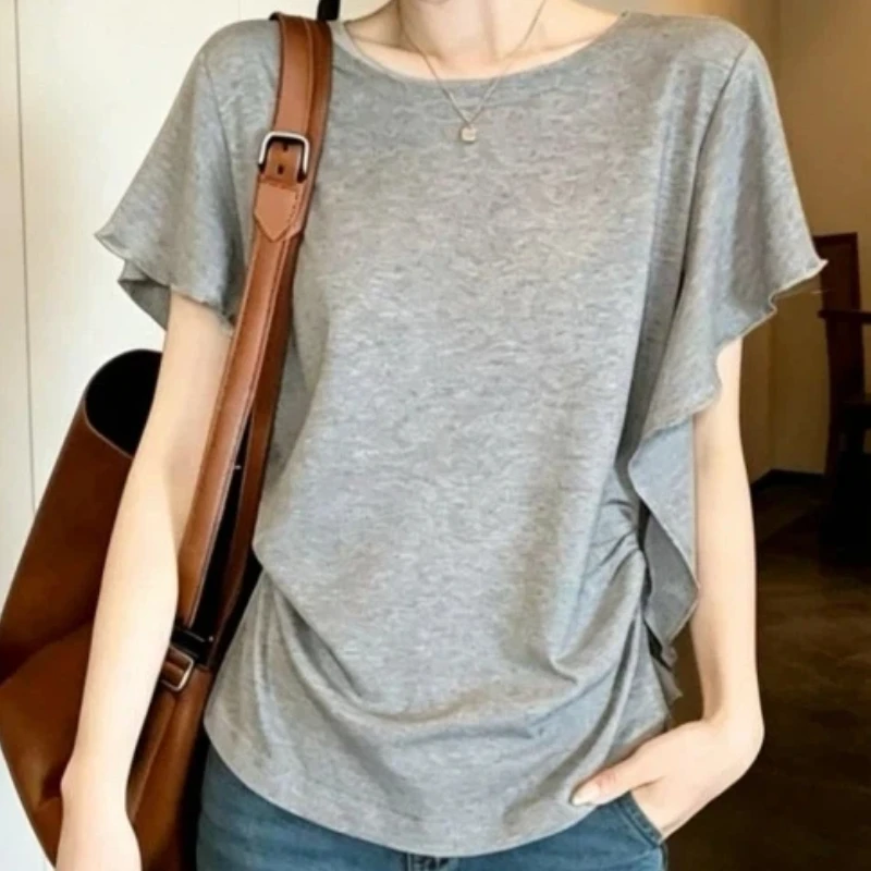Ruffles Simplicity Pleated Short Sleeve Casual Tops Women Clothing Summer New Short Sleeve Solid Fashion T Shirts Office Trend