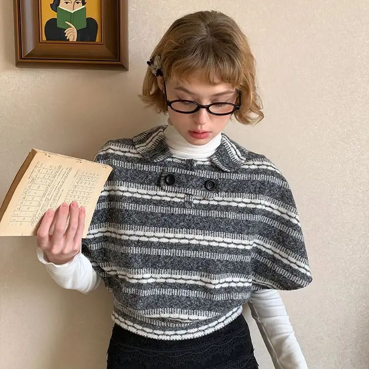 2026 Short Lapel Shawl Big Swing Sleeve Knitted Striped Contrasting Sweater Top French Versatile Splicing Korean Version