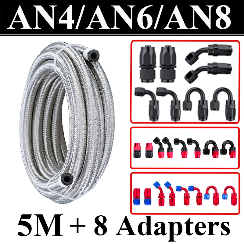 5M AN4 AN6 AN8 Fuel Hose Oil Gas Cooler Hose Line Pipe Tube Stainless Steel CPE Rubber 0 45 90 180 Degree End Fittings Adapter