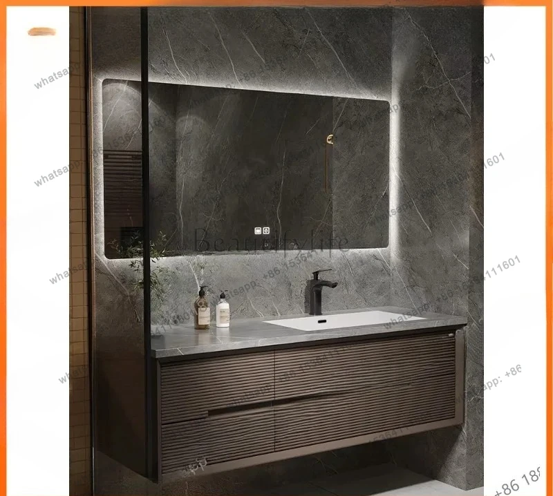 

Light luxury rock slab seamless ceramic basin solid wood bathroom cabinet combination wash washbasin bathroom