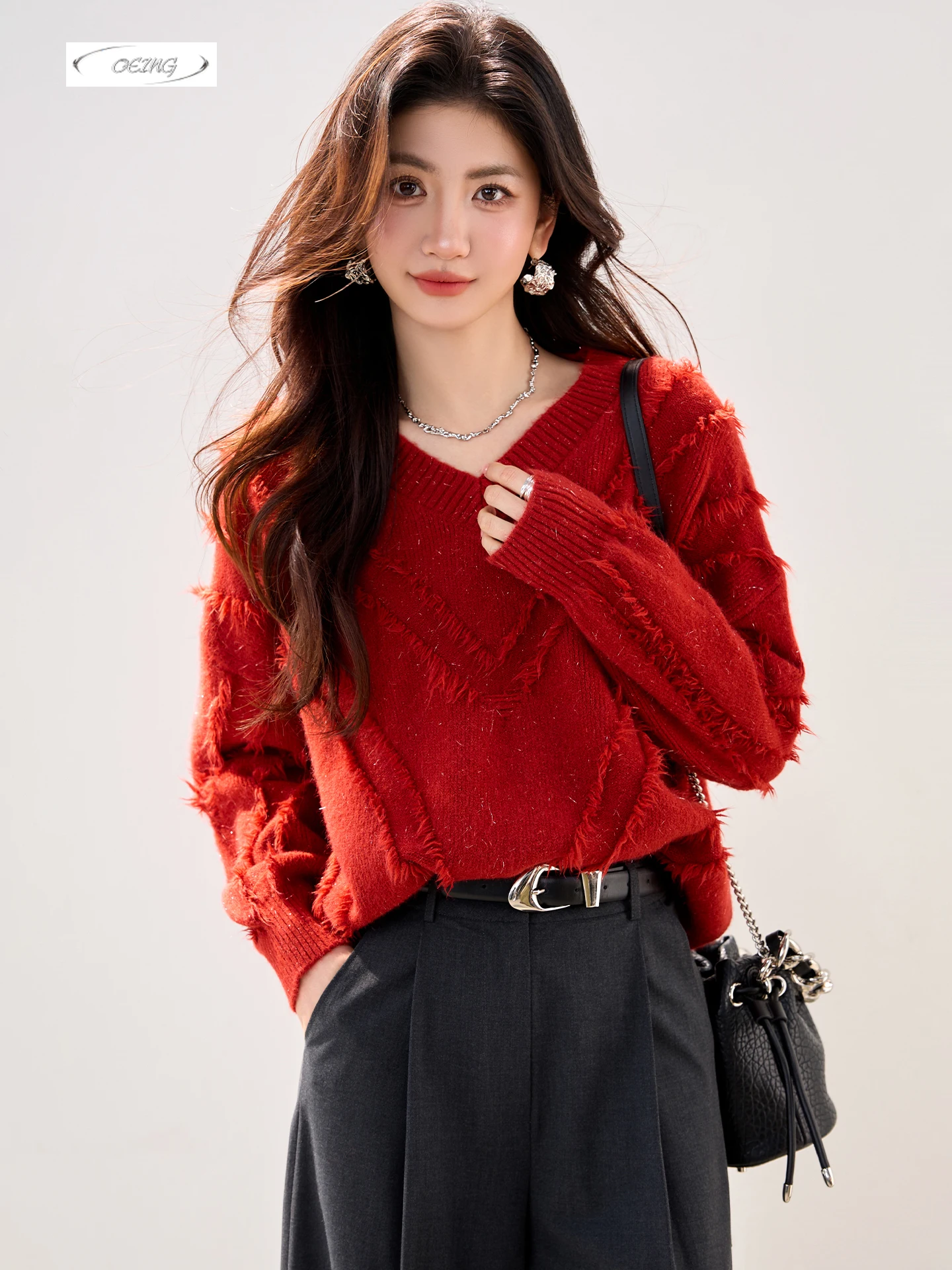 

New Year's Red Sweater for Women Long Sleeve V-neck Tassels Loose Thick Knitted Pullover Tops Autumn Winter Sweet Knitwear 6076