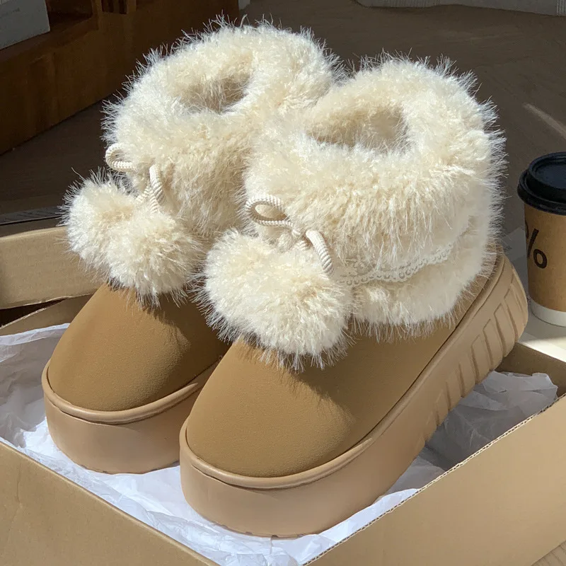 Women Fashion Snow Boots Warm Faux Fur Winter Platform Shoes Thick Sole Cute Plush Balls Female Indoor Street Short Botas
