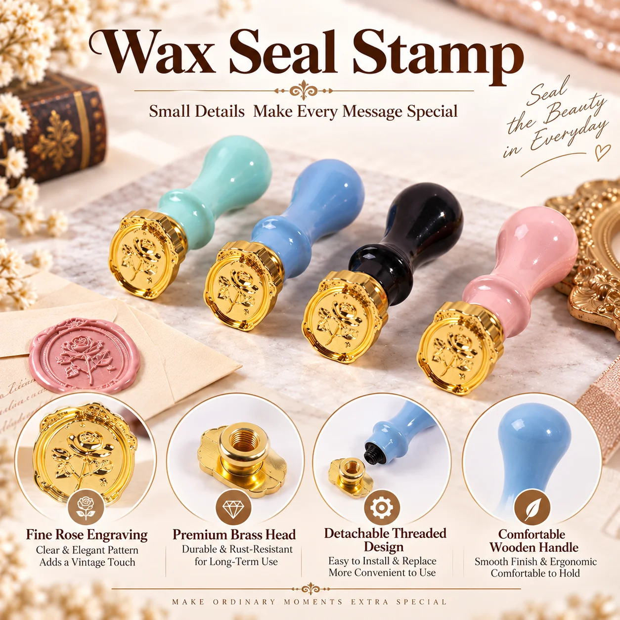 Vintage Rose Wax Seal Stamp 5 Colors Detachable Brass Head For Wedding Invitations Gift Wrapping Party Envelope - view 5