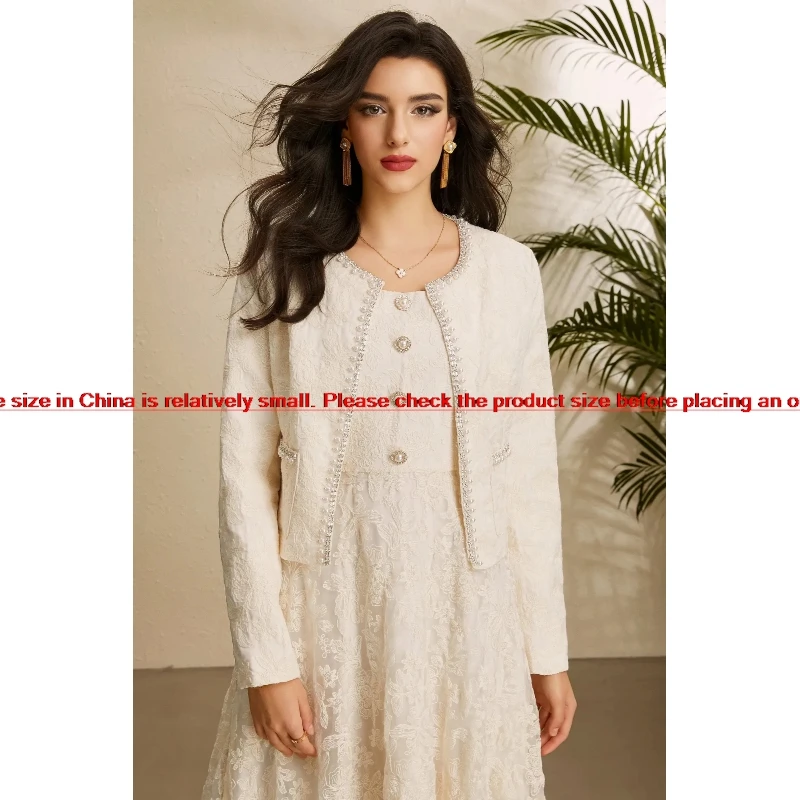 Women Elegant Lace Matching Set Beaded Cardigan Short Jacket Square Neck Sleeveless Maxi Dress Formal Party Two‑Piece Vestidos