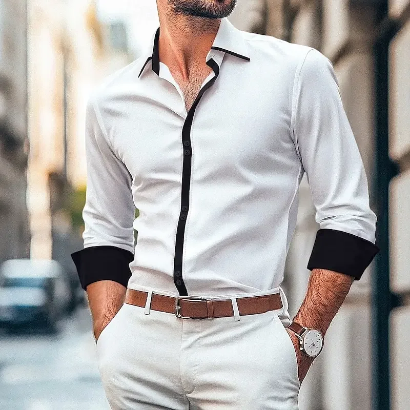 

New casual high-quality men's shirt made of soft and lightweight cotton, luxurious long sleeved Hawaiian shirt collar