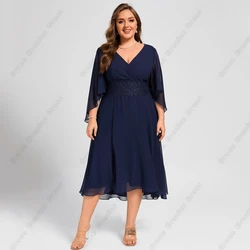 Navy Blue Plus Size Mother of Bride Dresses for Women Full Sleeve Wedding Party Dresses Strapless Tea Length Robe De Soirée 2024