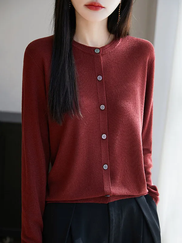 

High-End Woolen Knitted Open Cardigan Women's round Ne Long Sve Loose Fit Spring Autumn Outerwear Soft Polyester Blend