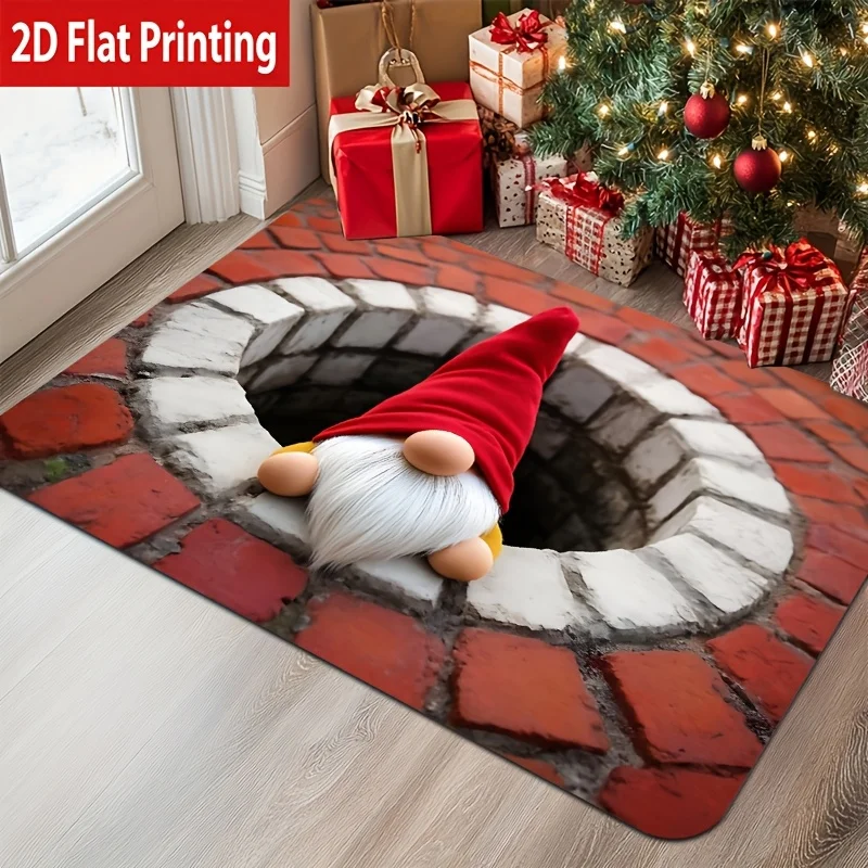 VIKAMA Christmas Gnome Chimney Half Round Doormat Non Slip Washable Rug for Front Door Entryway Kitchen Living Room Decor