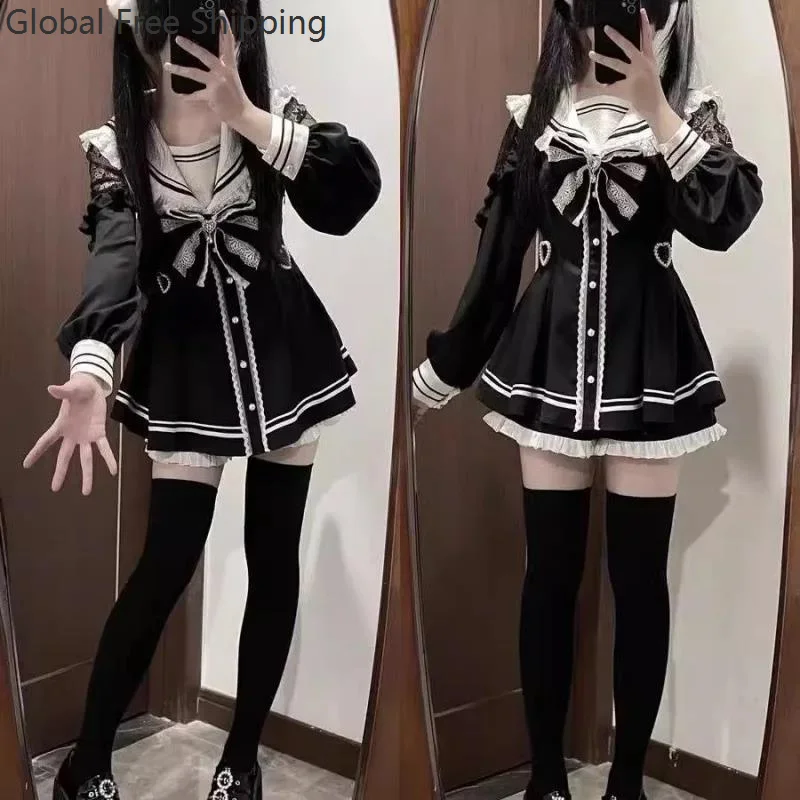

Japanese Sweet Skirt Sailor Suit Lace Patchwork Waist Long-sleeved Slim Dress With Shorts Suit Jk School Uniform Girl Suit 2025
